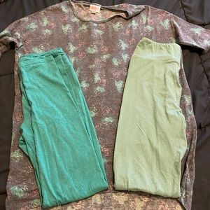Lularoe Irma outfit with 2 OS leggings XXS Greens Floral